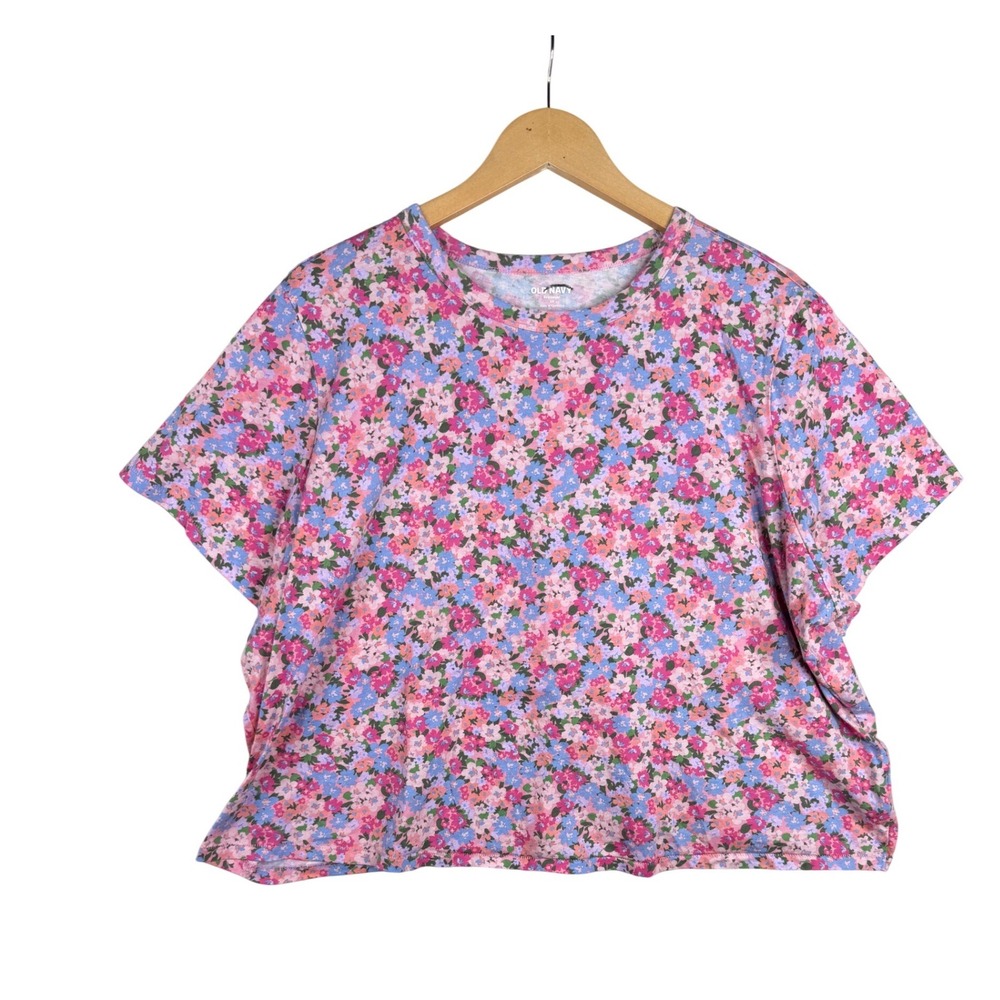 Old Navy Floral Print Cottagecore Short Sleeve Crop Shirt size 2X Pink/Green